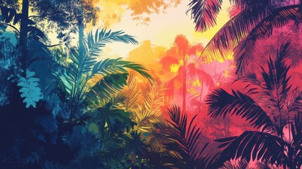 Obraz premium Vivid Tropical Paradise Lush Foliage Sunset Scene