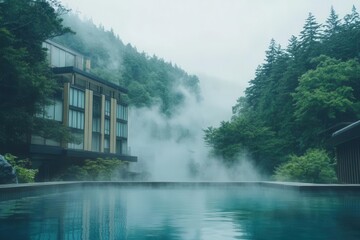 Fototapeta premium a tranquil japanese onsen nestled in a lush forest, steam rising gently from the hot springs, creating a peaceful and restorative environment surrounded by nature's elegance