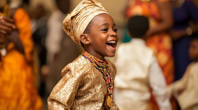 Side View. A boy in a traditional Nigerian agbada costume, dancing at a pretend wedding ceremony with family members