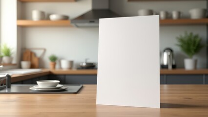 Fototapeta premium A4 Paper Mockup in Hands, Well-organized kitchen background gentle hold of A4 paper mockup with menu design.