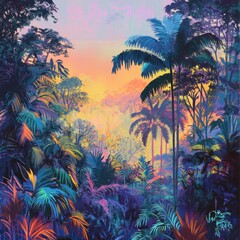 Vibrant Tropical Sunset Paradise Lush Foliage Scene