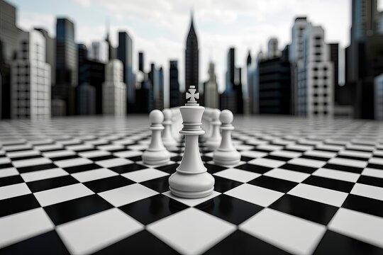 A dramatic chess scene with white pieces on a giant board, set against a modern city skyline. Chess Board as an Arena of Strategy