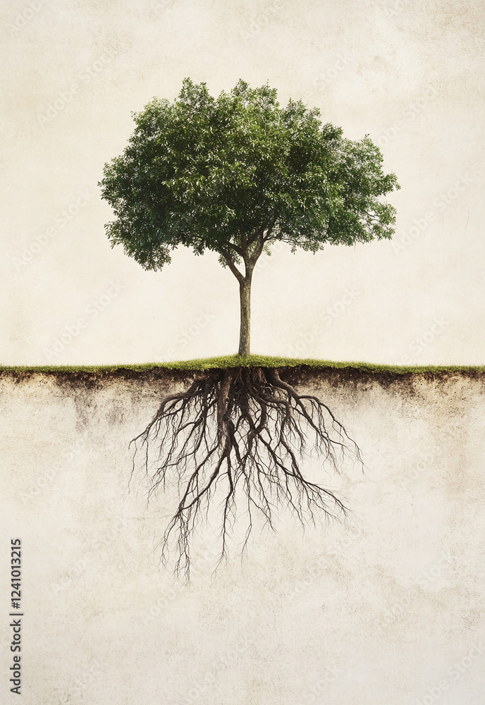 Poster a tree with expansive roots, showcasing nature's growth, with the roots and branches representing de