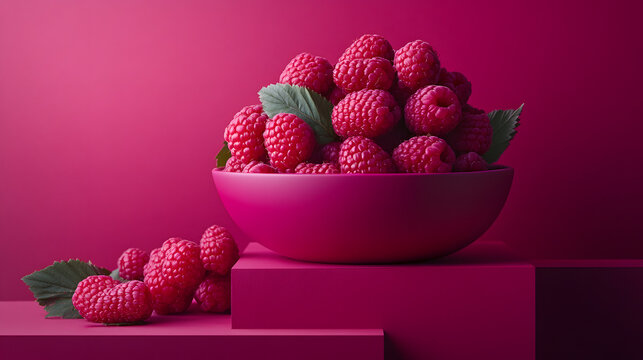 A powerful raspberry color scheme with strong contrasts and bold shapes, creating a striking visual presence.
