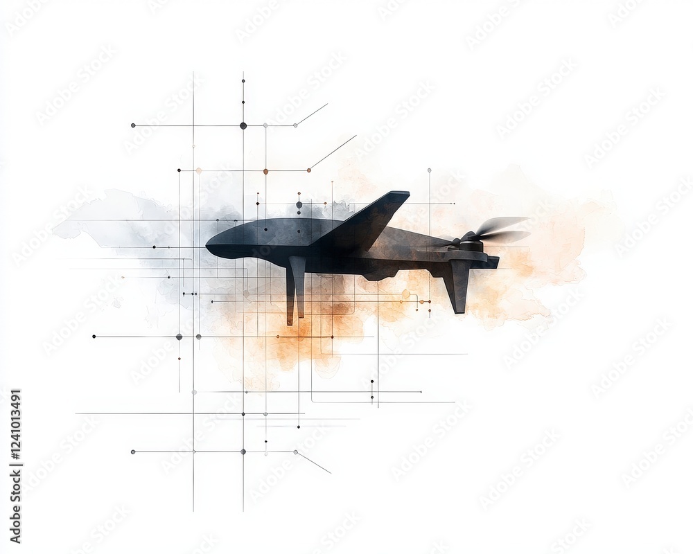 Poster artistic representation of a drone flying over abstract technology and digital patterns in soft colo