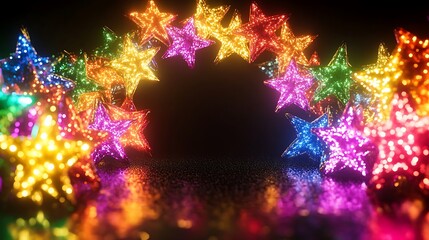 Rainbow stars arch, dark background, festive