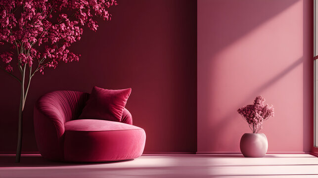 A powerful raspberry color scheme with strong contrasts and bold shapes, creating a striking visual presence.