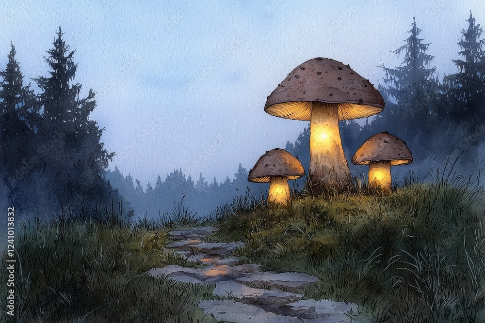 Poster enchanted forest scene with glowing mushrooms surrounded by tall trees and misty background at twili