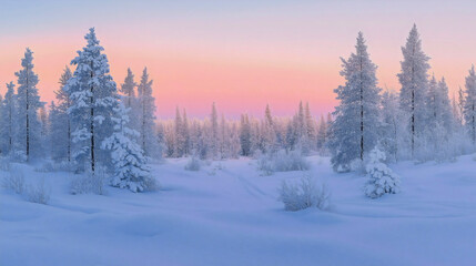 Tranquil Winter Sunset over Snow-Covered Forest with Colorful Sky