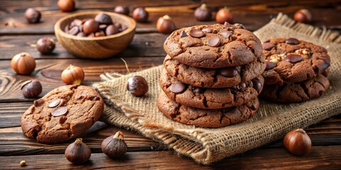 Fototapeta premium Delicious organic chocolate hazelnut cookies arranged neatly on a rustic wooden table with a warm and inviting atmosphere, rustic