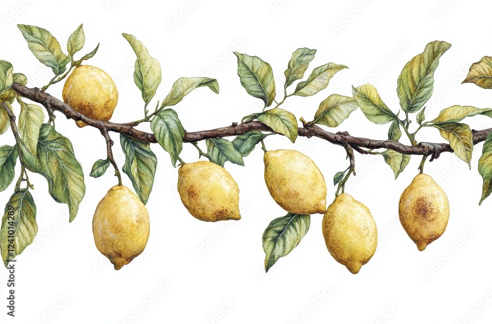 Poster horizontal arrangement of lemons on a branch with leaves. pale yellow lemons with subtle shading and