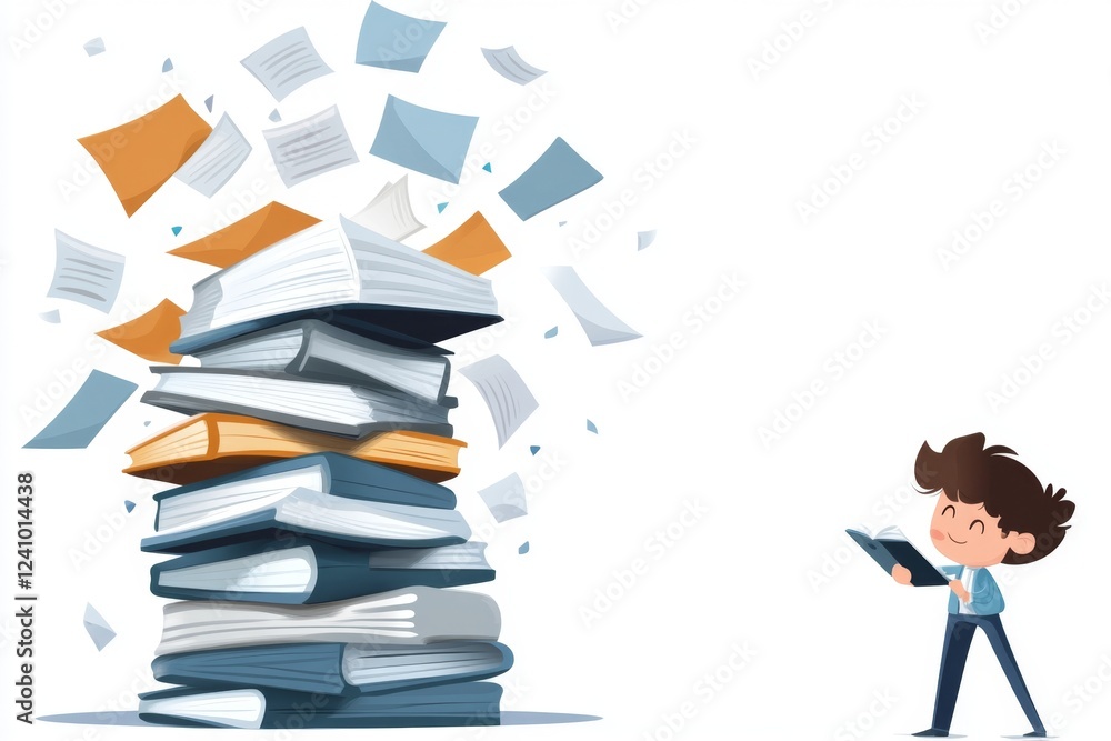 Poster A flat icon of a student looking up at a tall stack of tuition bills, showing financial pressure in a simple and modern style