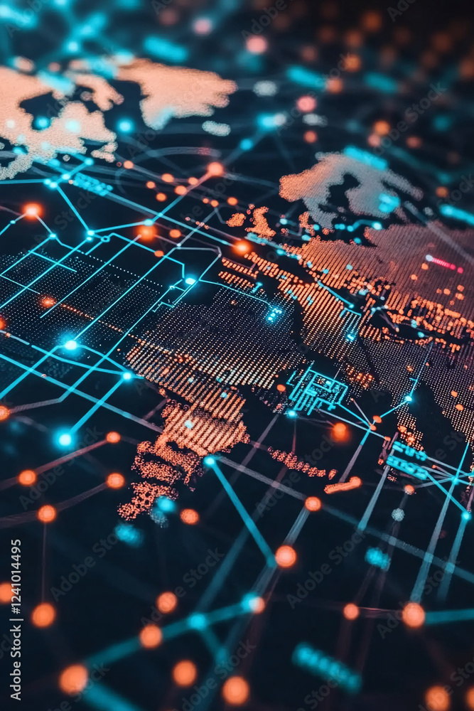 Aufkleber Close-up of a futuristic global network on a digital map with glowing lines and dots connecting major locations, showcasing the concept of data communication and interconnected technology.