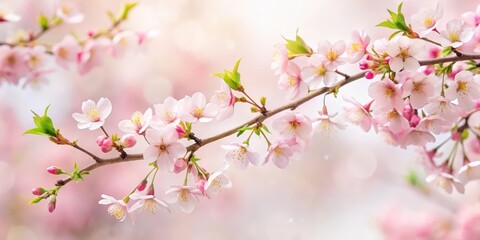 Obraz premium Delicate cherry blossom branches with soft pink petals and subtle green leaves, set against a serene white background , flowers, art