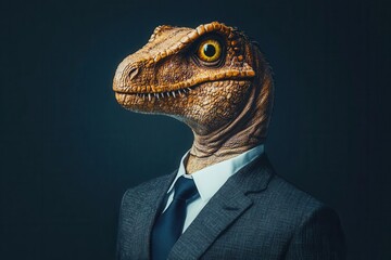 a whimsical portrait of a dinosaur in a tailored business suit, exuding confidence and readiness for action in a playful yet professional manner