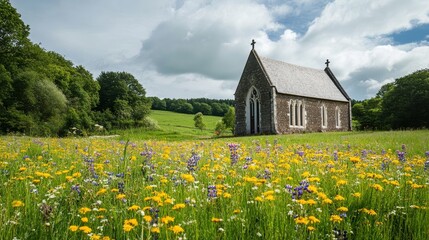 Picturesque stone church with Gothic windows surrounded by a vibrant wildflower meadow under a dramatic cloudy sky, epitomizing rural tranquility