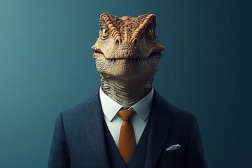 a whimsical portrait of a dinosaur in a tailored business suit, exuding confidence and readiness for action in a playful yet professional manner