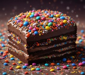 sweet treat with dark chocolate coating and multiple layers of colorful sprinkles on top, sweet indulgence, multi-colored toppings