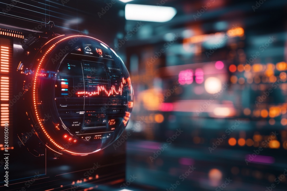Aufkleber A futuristic AI financial assistant displaying an advanced digital budget projection, with holographic floating screens and glowing financial graphs