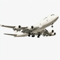 Fototapeta premium Large commercial airplane in flight against a clean blue sky, showcasing aerodynamic design and engineering excellence