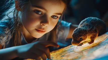 Medium Close-Up. A girl pretending to teach about Australian wildlife, holding a toy platypus and pointing to a map