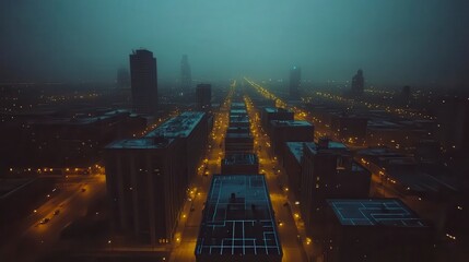 An aerial view of a city street at night, shrouded in a misty or foggy atmosphere. City buildings are silhouetted against a pale, dimly lit sky, with