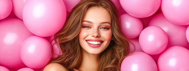 Obraz premium Joyful Young Woman Posing with Pink Balloons Fun Celebration Cheerful Atmosphere