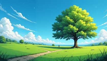 Obraz premium Vibrant green field with large tree under blue sky, breathe life