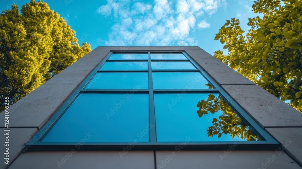 Poster low angle view of a modern building facade with large windows reflecting a bright sky and lush green