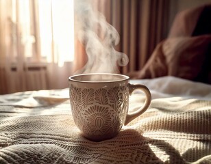 A close up of a steaming coffee mug with embossed pottery art ,perfect morning wake up scene