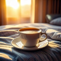A  close up of a coffee cup in the bedroom ,perfect morning wake up concept 