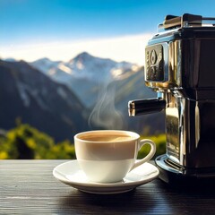  A coffee cup in front of an espresso machine with mountains in the background.