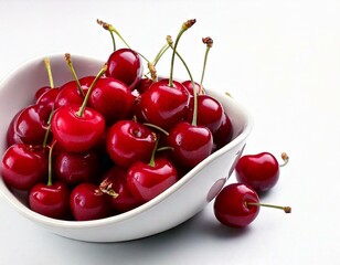  A white asymmetric bowl full of delicious ripe cherries on a white background; close up shot