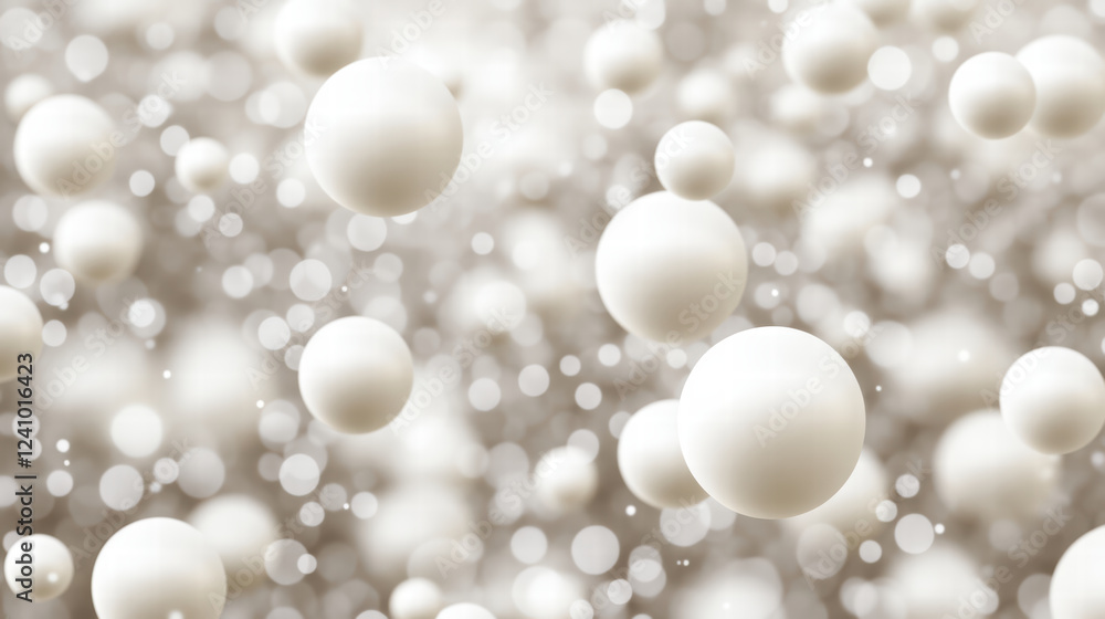 Poster captivating design of falling white spheres against blurred background, creating dreamy and ethereal