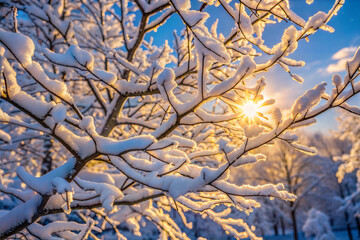 Snow-Covered Branches Glinting in the Sunlight