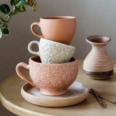 Beautiful home corner with three handmade mugs on display, home decor 