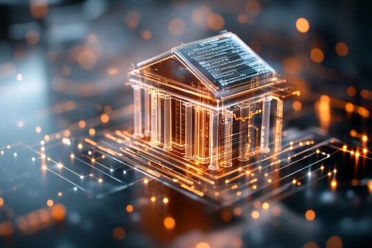 A holographic bank statement floating in mid-air, showing real-time transactions with glowing neon-blue details