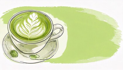 Green matcha latte art illustration , fashionable beverage; coffee art project for banners, coffee stores, cafes, copy space on right