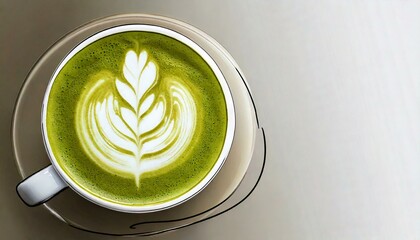 Green matcha latte art illustration , fashionable beverage; coffee art project for banners, coffee stores, cafes, copy space on left