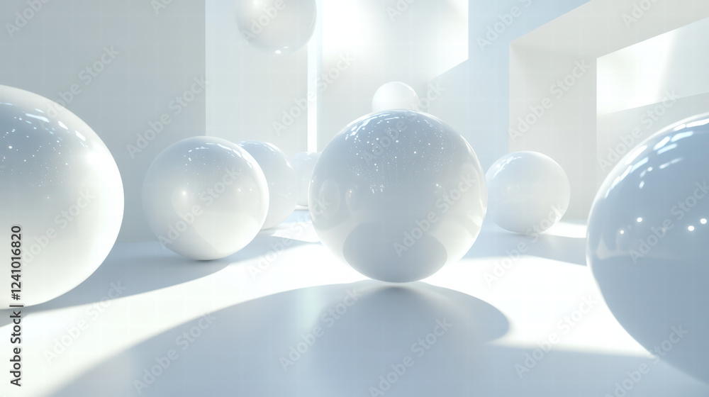 Poster serene scene featuring soft white spheres floating in bright, minimalistic space, creating calming a