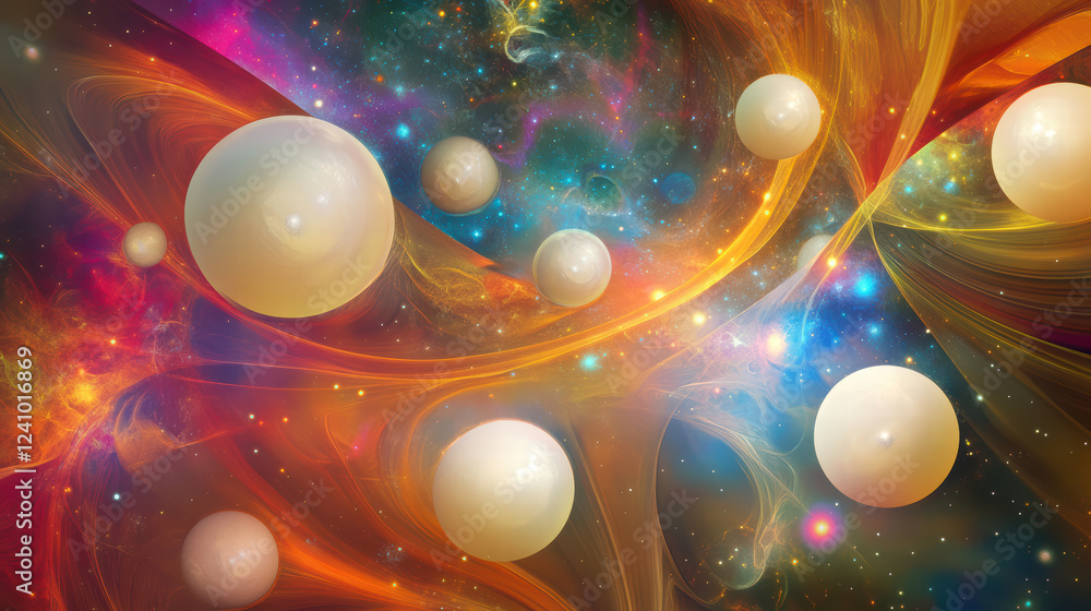Poster captivating design of soft white spheres floating in colorful cosmic background filled with vibrant 