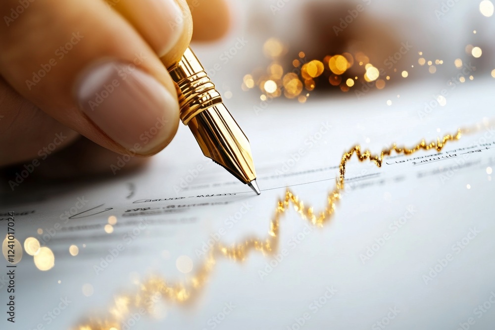 Poster a hyper-realistic close-up of a person hand signing a mortgage document with a golden pen, with fine