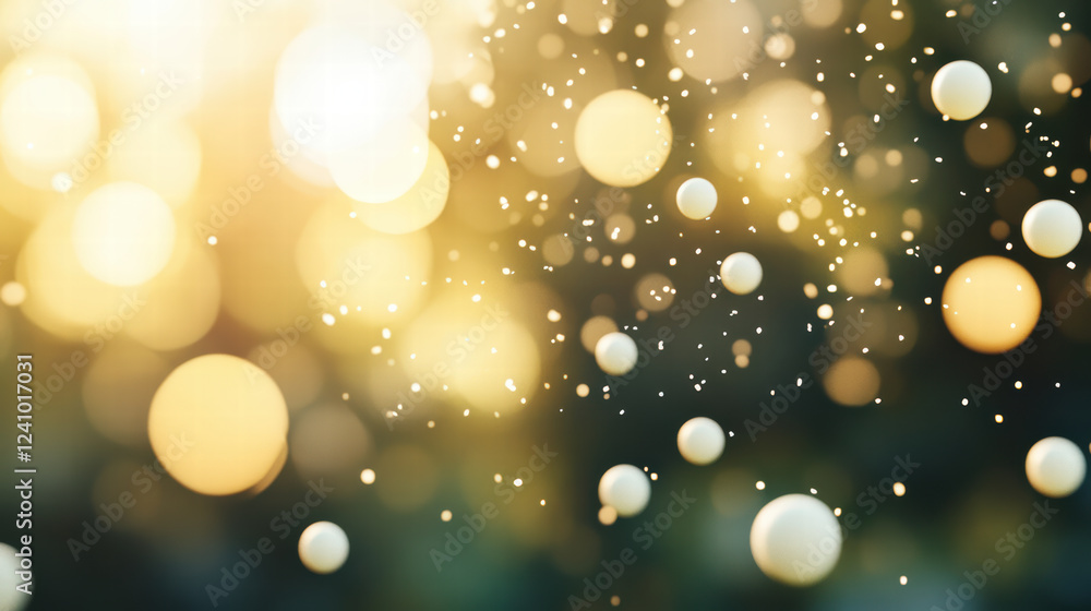 Poster dreamy scene of falling white spheres in soft blur, creating magical atmosphere with golden bokeh li