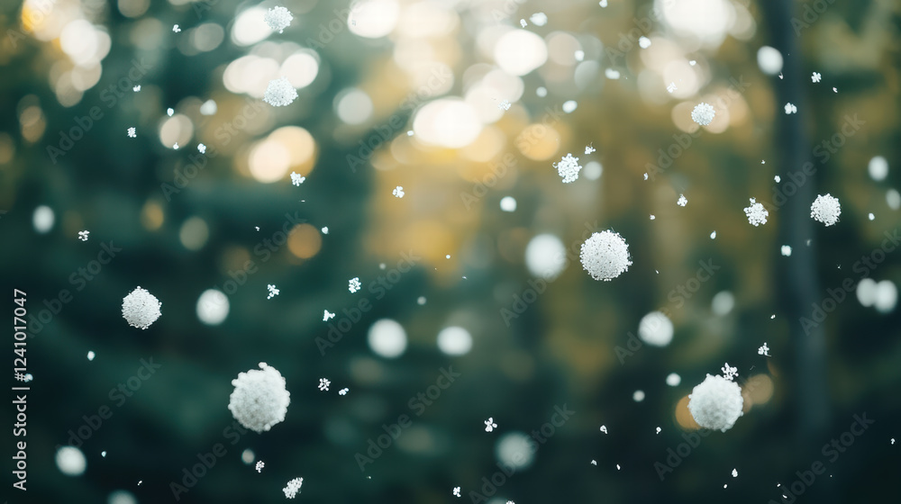 Poster dreamy scene of falling white spheres in soft blur, creating serene atmosphere with natural backgrou