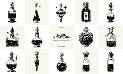 Black and white Dark Academia vector illustrations featuring magical elements: alchemy, glasses, mysticism, and classic aesthetics.
