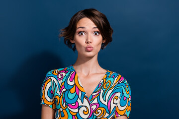 Portrait of young flirting bob brown hair gorgeous girlfriend wear trendy top sending kiss plump...
