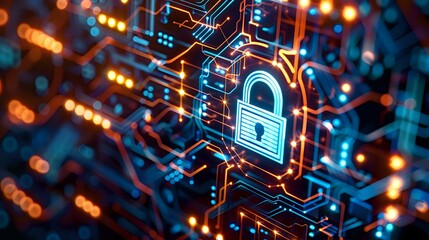Glowing blue padlock icon on digital circuit background with orange light effects represents cybersecurity and data protection in modern technology.