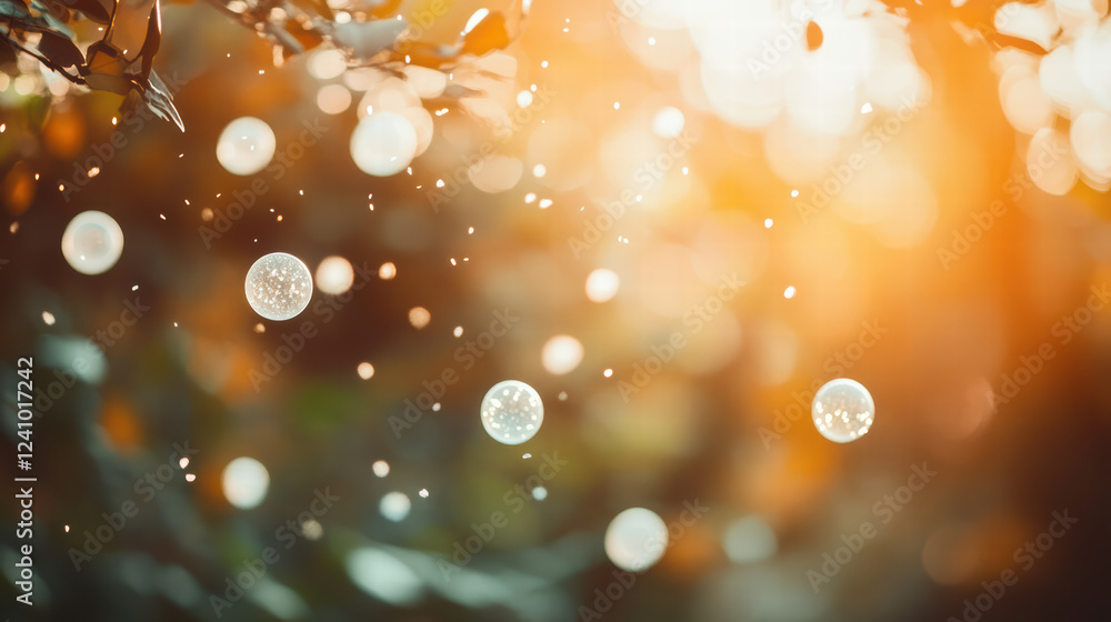 Poster dreamy scene of falling white spheres in soft blur, creating magical atmosphere with warm light and 
