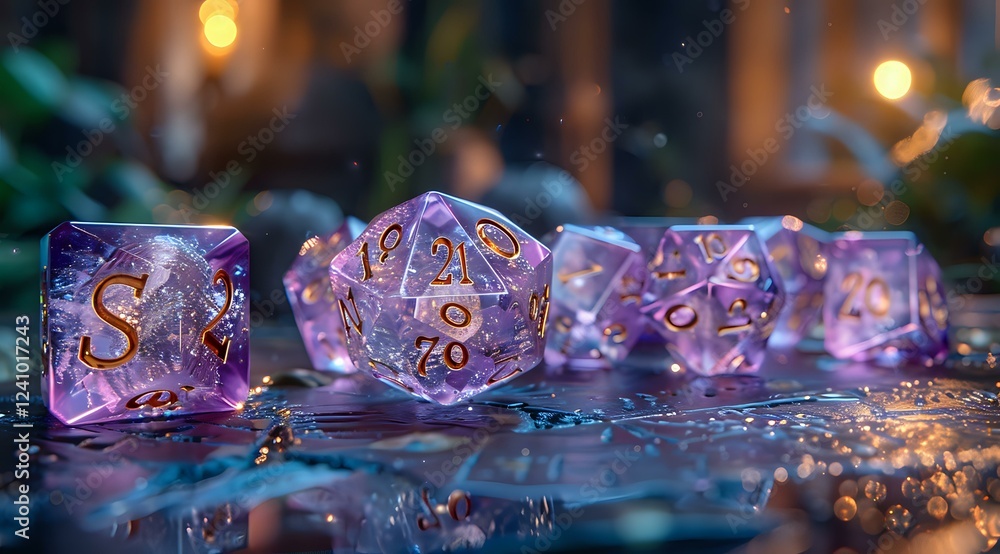 Poster glowing purple translucent gaming dice with golden numbers on reflective surface against dark backgr