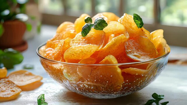 Golden crispy potato chips served in a transparent glass bowl with mint leaves garnish. Sunlit kitchen background adds a fresh, appetizing feel